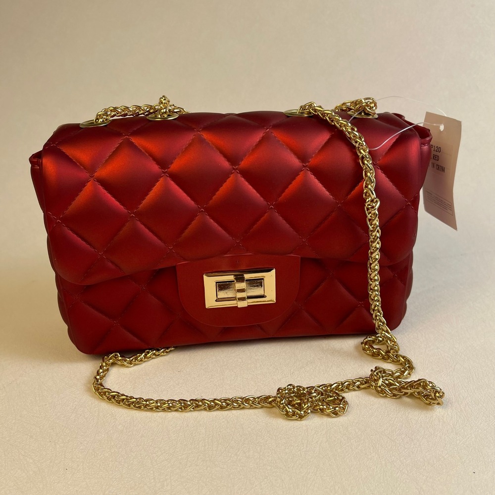 Metallic Red Quilted Jelly Shoulder Bag Gold Hardware Diamond Flap Handbag NWOT